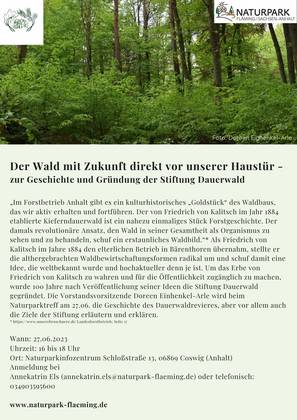 Naturparktreff - Der Wald mit Zukunft direkt vor unserer Haustür - zur Geschichte und Gründung der Stiftung Dauerwald Naturparktreff Dauerwald 27.06.2023