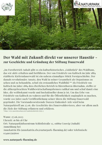 Naturparktreff - Der Wald mit Zukunft direkt vor unserer Haustür - zur Geschichte und Gründung der Stiftung Dauerwald Naturparktreff Dauerwald 27.06.2023